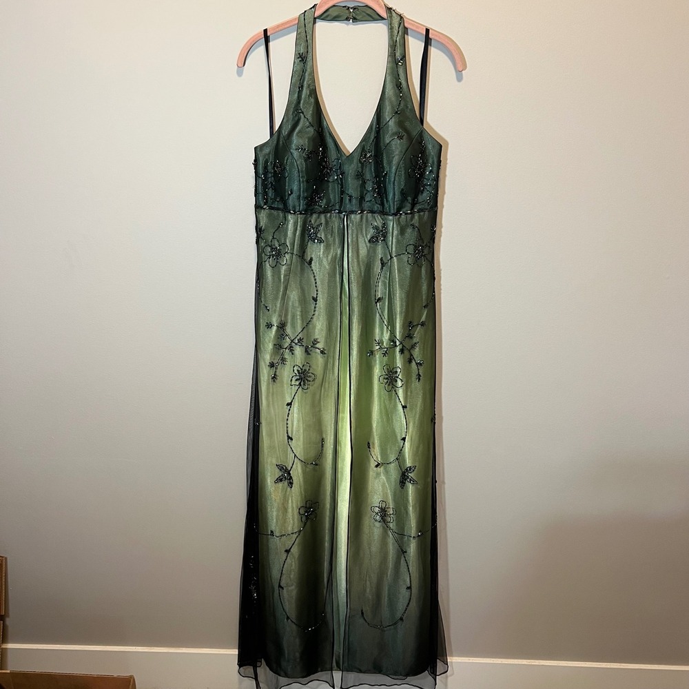 Betsy & Adam Green Beaded Halter Neck Evening Gown Prom Dress 14 Y2K